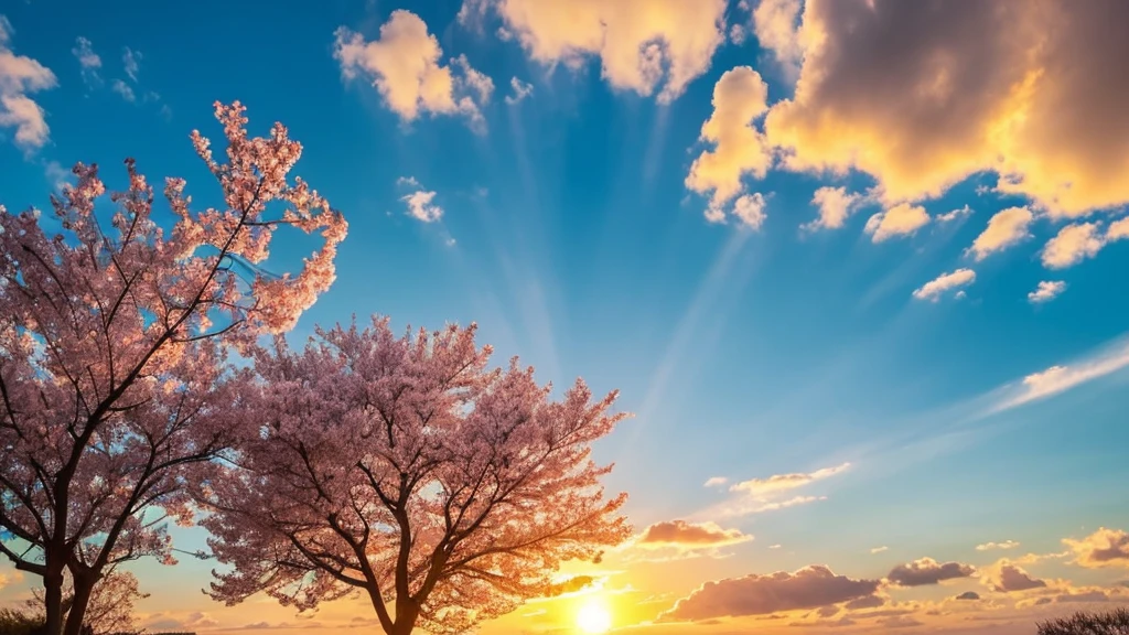 Under the expanse of blue sky, Vibrant flowers reach out towards the sun, Pink and white petals open. When the golden sun begins to rise、Fluffy clouds float leisurely in the background, Casting a warm glow on the tranquil landscape. This great photo is、It captures the essence of a serene morning., Where nature awakens in a symphony of color and light. Crisp and vivid details, Inviting viewers to immerse themselves in the beauty of the beginning of a new day.