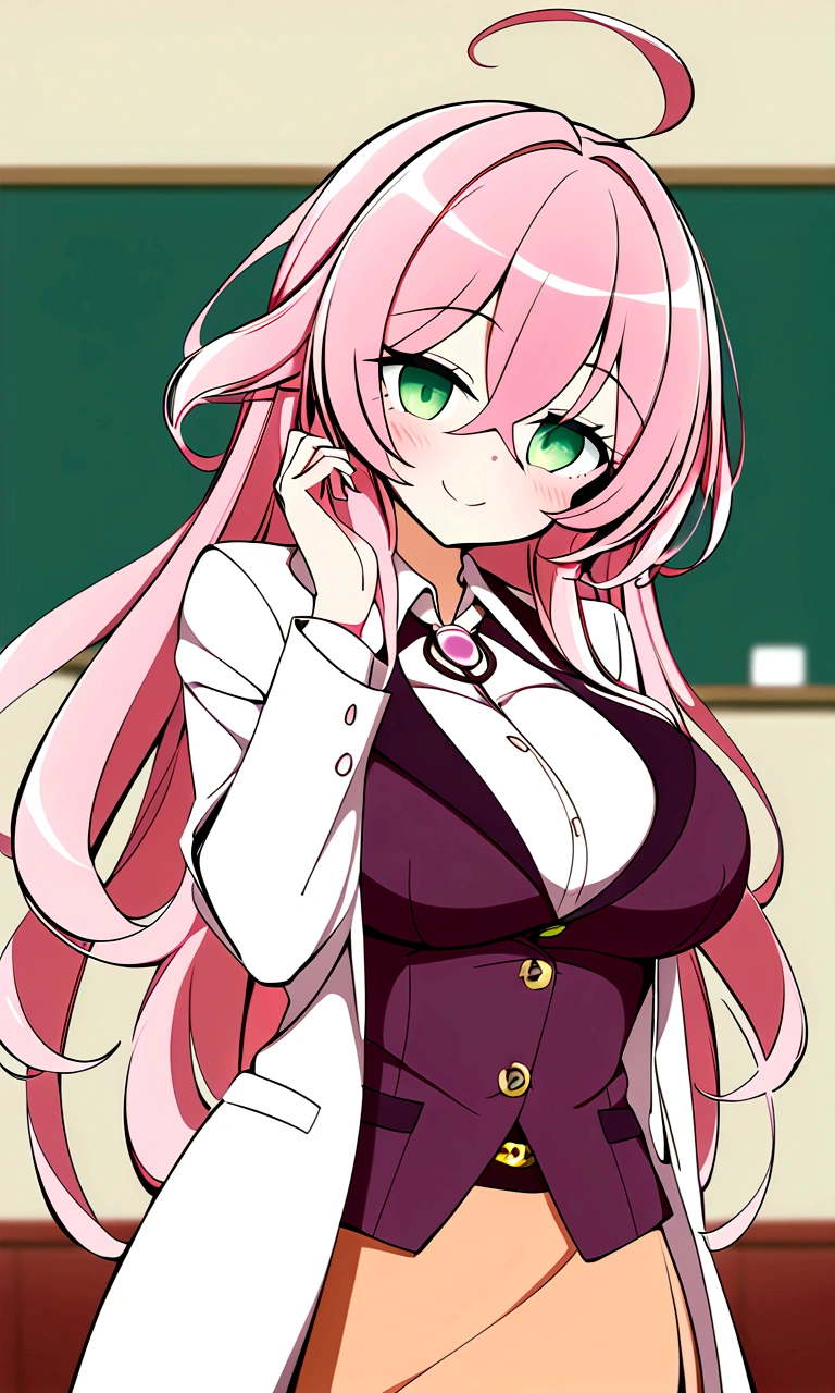 private teacher、Big Breasts、Pink Hair、Long Hair、Straight Hair、Ahoge、kind、Green Eyes、Droopy eyes