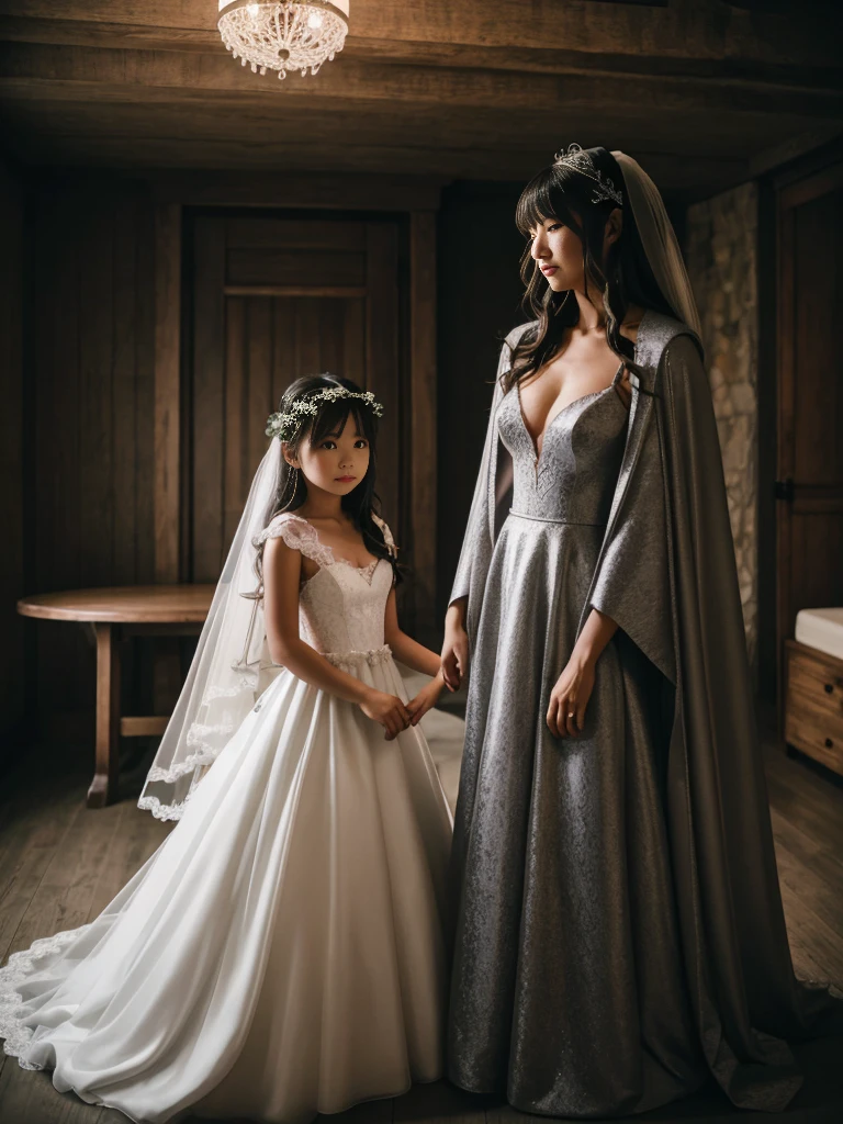 fluffyの毛皮。fluffy。Pair of women、Dark Room。Wedding dressを着た女性たちの写真。Wedding dress、Grey fur cape。Surrounded by fair-skinned adult women。。The dark dungeon of an old stone castle。Fisheye Lens。Multiple women。Kazakh wedding attire