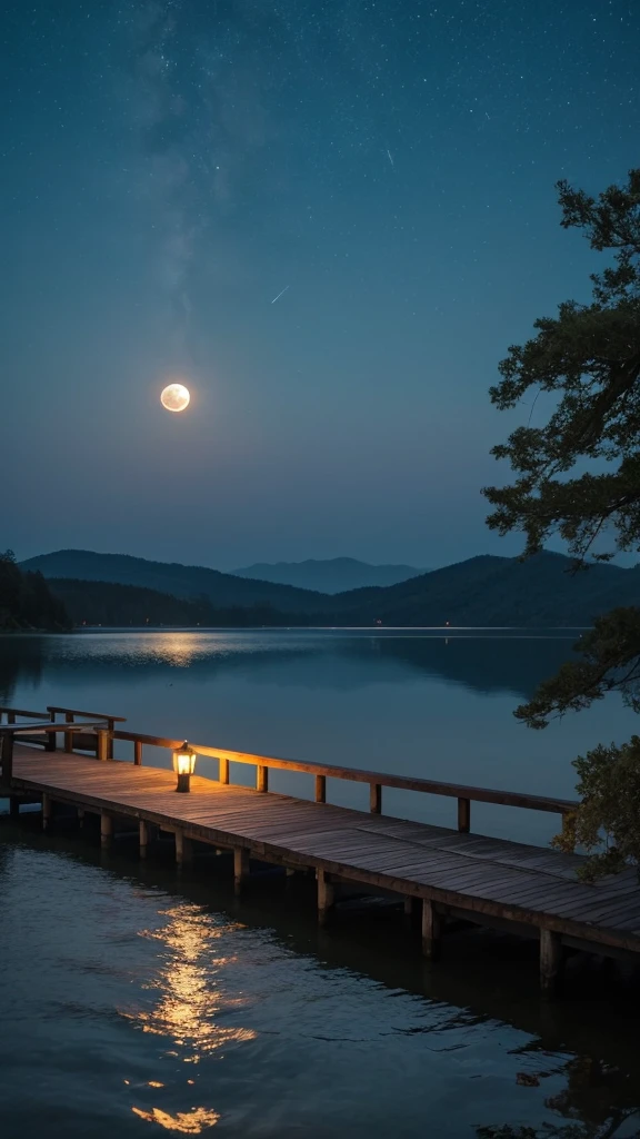 Lakeside on a full moon night。The lake surface reflects the moonlight like a mirror.、It emits a fantastic glow in the silence.。Surrounding trees々is illuminated by a silver light、A thin mist is floating。An old boat floats on the lake、An old wooden pier stretches out onto the lake。fireflies dance、It creates a mysterious sight。Nostalgic and dreamy atmosphere。