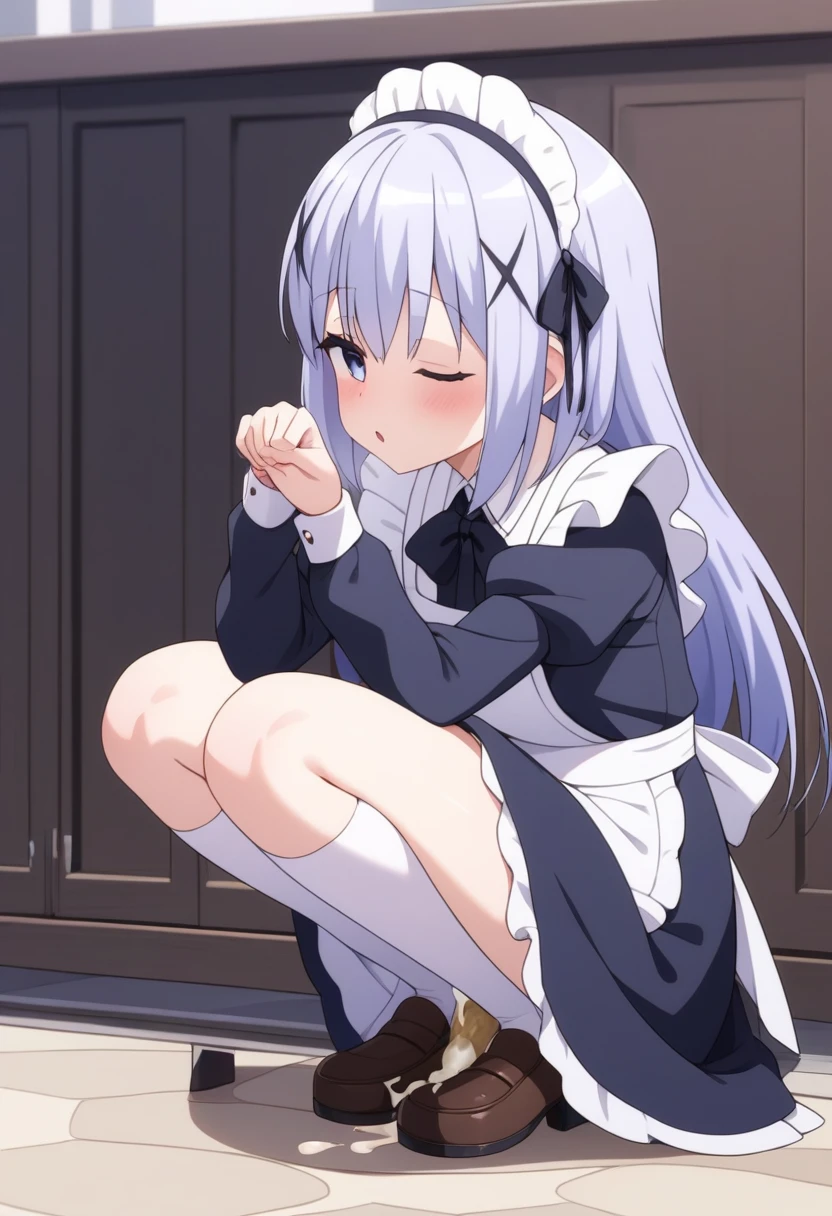 Score_9, Score_8_up, Score_7_up, Score_6_up, Score_5_up, Score_4_up, source_anime, 1girl, nsfw, maid, after anal, Kafu Chino, diarrhea, pooping, cum on poop, squatting