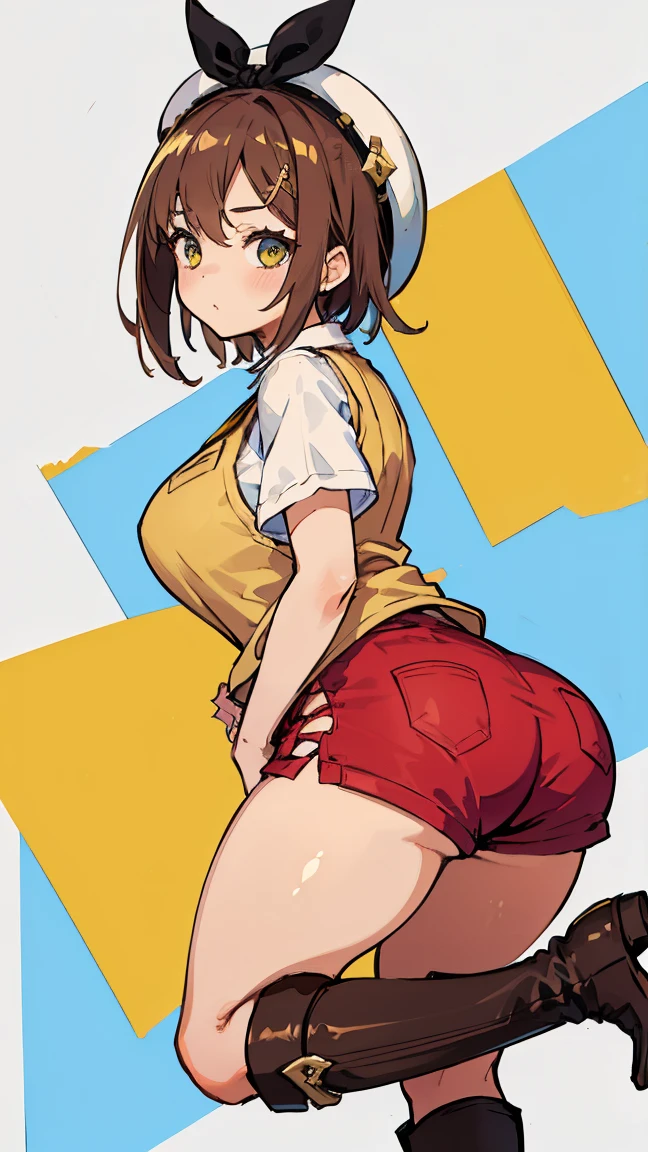 (Highest quality, 8K, masterpiece :1.3),Lizaリン・シュタウト(Lizaのアトリエ),Liza,Plump, One woman,Large Breasts,short hair,Brown Hair,hair band,Clothing,hat,White shirt,Yellow and white vest,Red shorts,Brown long boots,Big Ass,