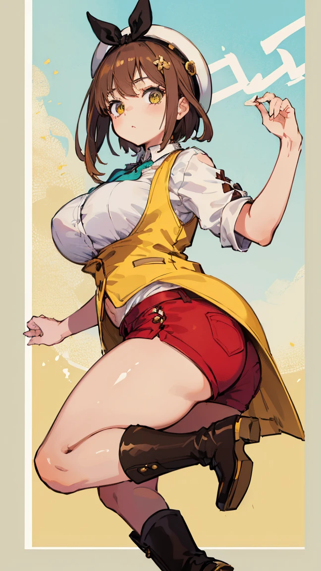 (Highest quality, 8K, masterpiece :1.3),Lizaリン・シュタウト(Lizaのアトリエ),Liza,Plump, One woman,Large Breasts,short hair,Brown Hair,hair band,Clothing,hat,White shirt,Yellow and white vest,Red shorts,Brown long boots,Big Ass,