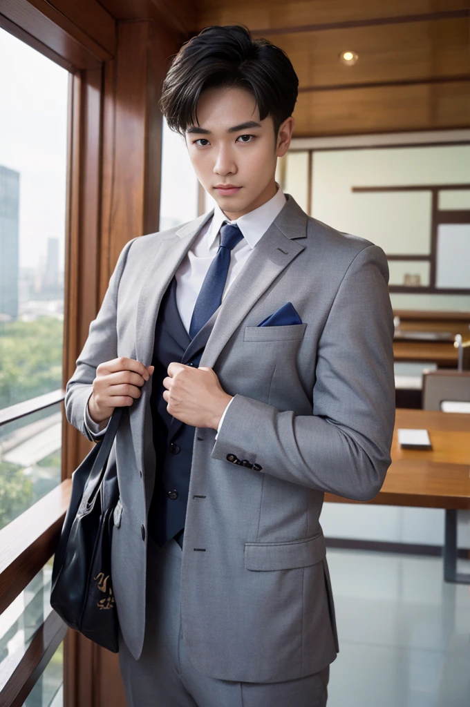 New employee, very handsome, 20 years old.、　（A really cool S-class guy in a suit.）、　เด็กชายJapanอายุ 20 ปี、　businessman、　Luxurious suit、　brown suit、　office、　Standing in a suitＳHandsome young man、　full body photo、　（ภาพถ่ายที่มีรายละเอียดhighของ CG Unity 8K）、　（มีรายละเอียดhighＳhandsome man in class）、　（Real photos）、　　（（คุณภาพhighสุด））、　very detailed、　（Masterpiece）、　คุณภาพของภาพที่highเป็นพิเศษ、　high、　viewer、　gentle man、　I'm beautiful.、　short hair、　Vivid photos、　Handsome like a model、　Handsome like an idol、　Luxury watches、　Cold Belt、　Japan