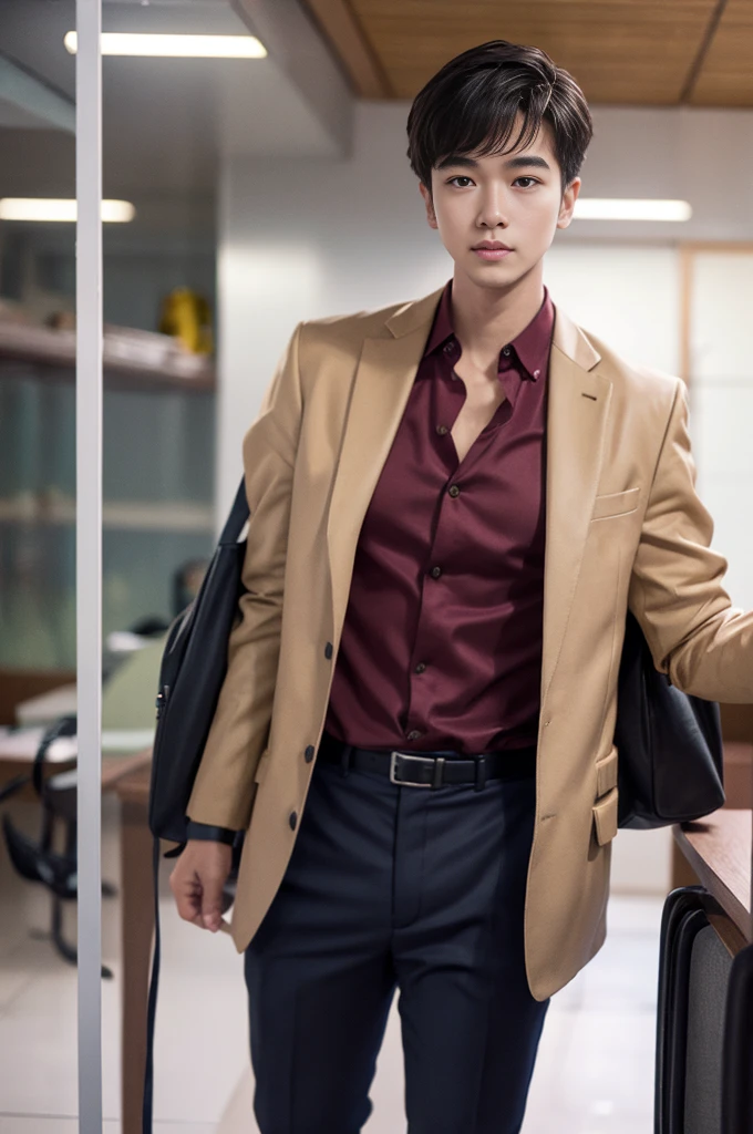 New employee, very handsome, 20 years old.、　（A really cool S-class guy in a suit.）、　เด็กชายJapanอายุ 20 ปี、　businessman、　Luxurious suit、　brown suit、　office、　Standing in a suitＳHandsome young man、　full body photo、　（ภาพถ่ายที่มีรายละเอียดhighของ CG Unity 8K）、　（มีรายละเอียดhighＳhandsome man in class）、　（Real photos）、　　（（คุณภาพhighสุด））、　very detailed、　（Masterpiece）、　คุณภาพของภาพที่highเป็นพิเศษ、　high、　viewer、　gentle man、　I'm beautiful.、　short hair、　Vivid photos、　Handsome like a model、　Handsome like an idol、　Luxury watches、　Cold Belt、　Japan