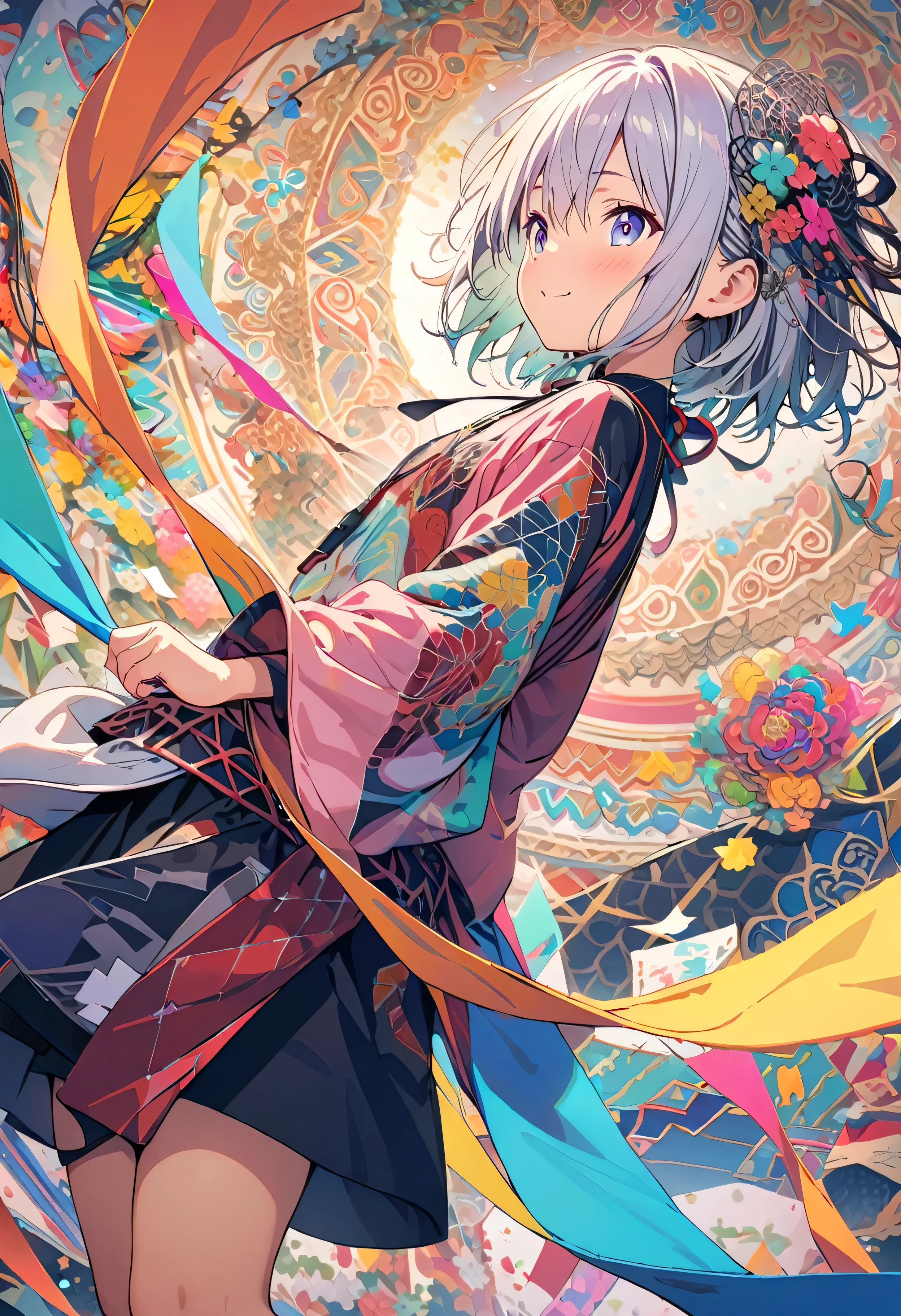 Official Art, wallpaper, Very detailed, (((Very detailedな目と顔))), masterpiece, Highest quality, (ZenTangle, Mandala, Tangle, EnTangle), Complex clothing, Very detailed, Dynamic Angle, The most beautiful form of chaos, elegant, Vibrant colors, Romantic Chinese Flowers, 10 years old, Breaking Smiling Amidst the Colorful Scenes, Whole body shot, pastel colour