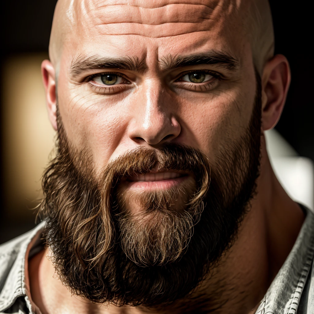 (masterpiece, photorealistic, raw,:1.4), (extremely intricate:1.2), close up, cinematic light, sidelighting, ultra high res, best shadow, RAW, upper body, 35 year old man, bald, beard, wearing collared shirt,