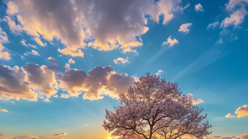Under the expanse of blue sky, Vibrant flowers reach out towards the sun, Pink and white petals open. When the golden sun begins to rise、Fluffy clouds float leisurely in the background, Casting a warm glow on the tranquil landscape. This great photo is、It captures the essence of a serene morning., Where nature awakens in a symphony of color and light. Crisp and vivid details, Inviting viewers to immerse themselves in the beauty of the beginning of a new day.