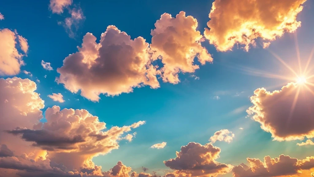 Under the expanse of blue sky, Vibrant flowers reach out towards the sun, Pink and white petals open. When the golden sun begins to rise、Fluffy clouds float leisurely in the background, Casting a warm glow on the tranquil landscape. This great photo is、It captures the essence of a serene morning., Where nature awakens in a symphony of color and light. Crisp and vivid details, Inviting viewers to immerse themselves in the beauty of the beginning of a new day.