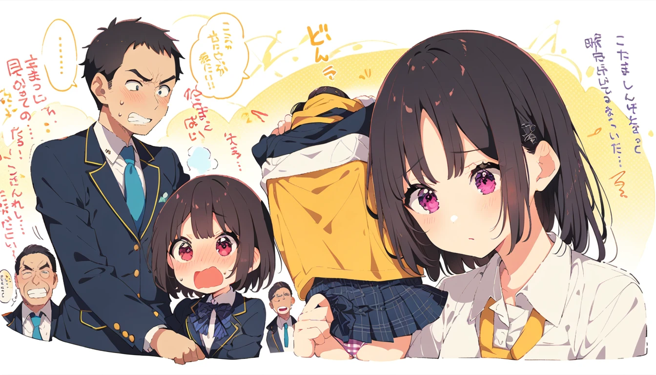 masutepiece, Best Quality,Illustration, Wallpaper, ultra -detail, Little Face Lori、(((molesting)))、Detailed eyes, Complex hairstyle、Sareme、((fear:1.5))、(Teary-eyed:1.5)、(((Cute underwear)))、(blazers、skirt by the)、ample breasts、((Morester))、((Girl being taken off her skirt by a man))