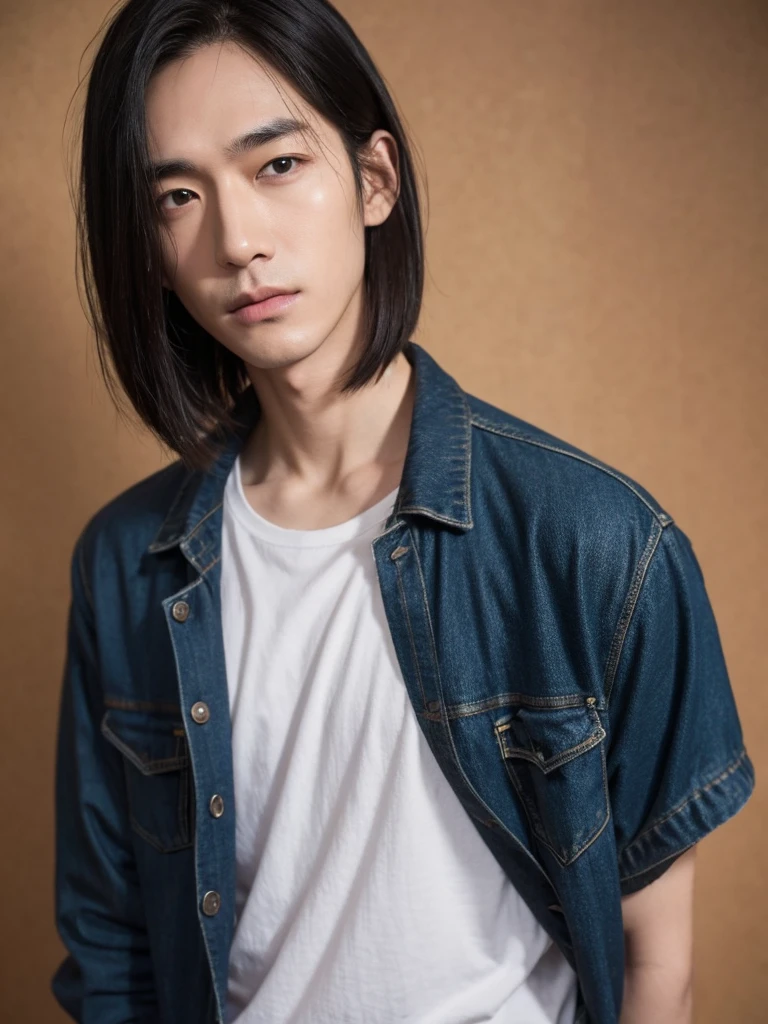 masterpiece, best quality, male, middle-aged, man, emaciated, pale skin, jacket, plain t-shirt, scrawny, tall, jitome, sanpaku, eyes half-closed, black eyes, black hair, center part,long bob, looking at viewer, frowning, puzzled, japanese, stubble, hooked nose, dry skin, hollow cheek, long face,