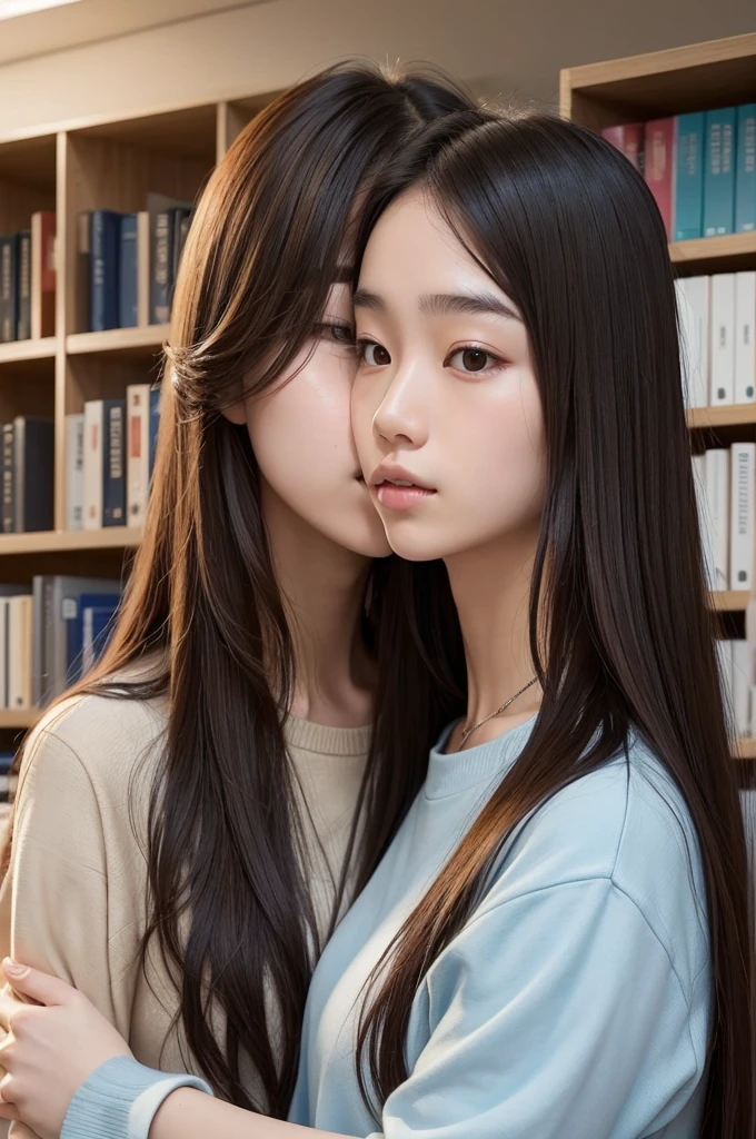 two korean agers, long brown hair, in casual everyday clothes, in a library kissing. image seen from a security camera