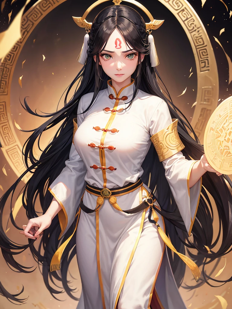 Adult female, strong, green eyes, long black hair, floating hair, forehead wipe, resolute eyes, complex white Taoist Taoist uniform, gorgeous accessories, fov, f/1.8, masterpiece, ancient China, front portrait shot, full body, 8K, ultra HD, HDR, blank background