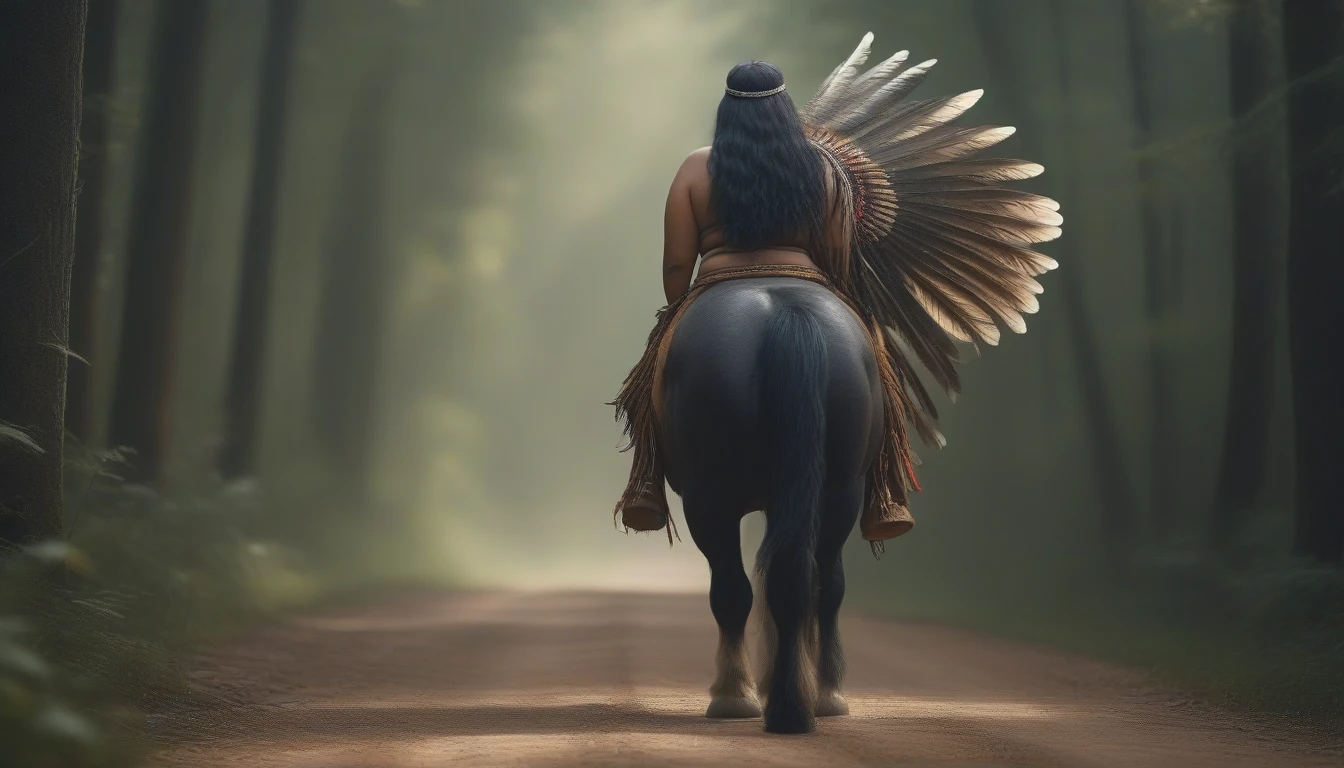 ((masterpiece)), ((best quality)), ((highres)), ((extremely detailed)), ((long shot, back view)), 1 black skinned large BBW girl as Pocahontas costume, full body, Beautiful Native American woman, mature woman, Big breast, (super realistic), (peerless beauty), detailed skin texture, detailed cloth texture, beautiful detailed face, intricate details, ultra detailed, indigenes feather jewelry, feather headdress, traditional handmade dress, (((riding on a huge fat Clydesdale horse))), (((road in the middle of the forest))), ultra realistic, concept art, elegant, ((intricate)), ((highly detailed)), depth of field, ((professionally color graded)), soft ambient lighting, dusk, (Best quality, A high resolution, Photorealistic, primitive, 8K,Masterpiece, ),Best quality, Masterpiec8K.hdr, (vivd colour:1.10)