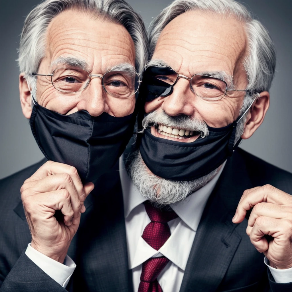 old man, wearing a suit, he wears an anonymus mask covering half of his face, behind the mask he is laughing, he has gray hair, sadistic smile