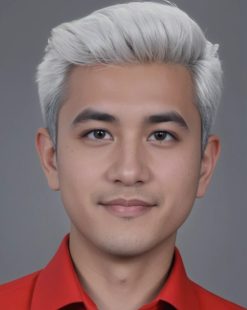 3d cartoon style, 20 years old man, short gray hair, little hair, in a dark blue suit and light blue shirt, no tie, smiling at the camera, foto perfil, commercial shot., face is brightly lit