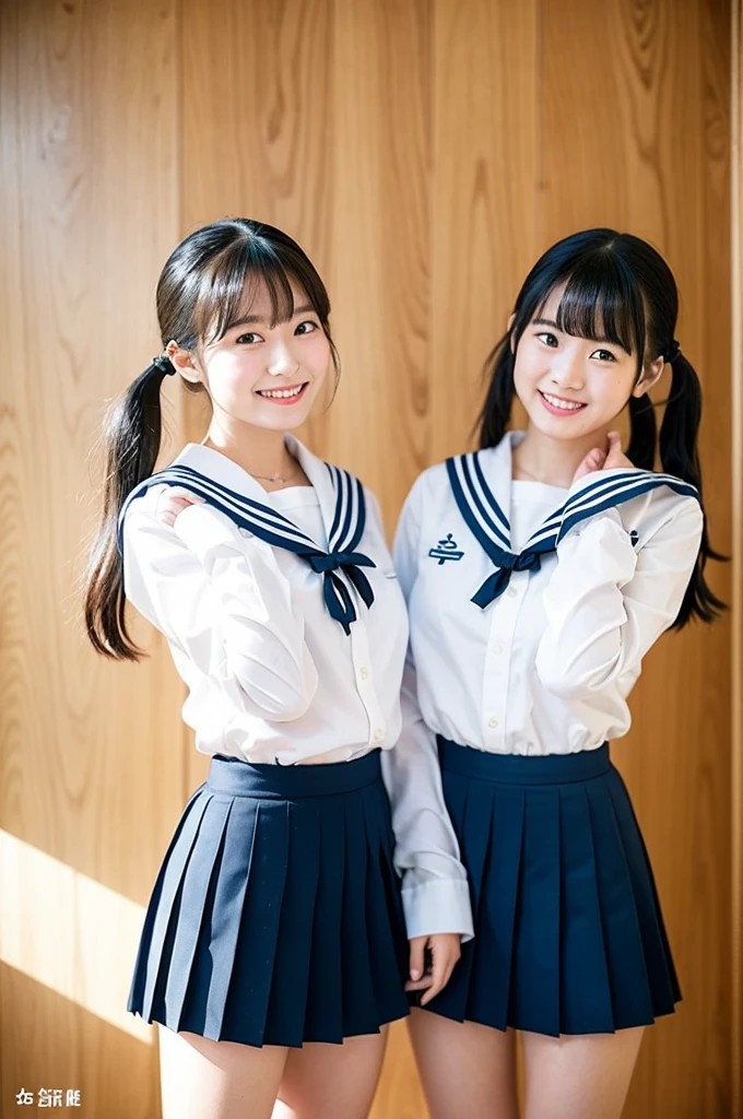 2 girls walking in wooden school classroom,white sailor shirt,navy blue pleated skirt lifting up,white panties,18-year-old,bangs,a little smile,thighs,knees,short hair with low pigtails bunches,from beside,front light