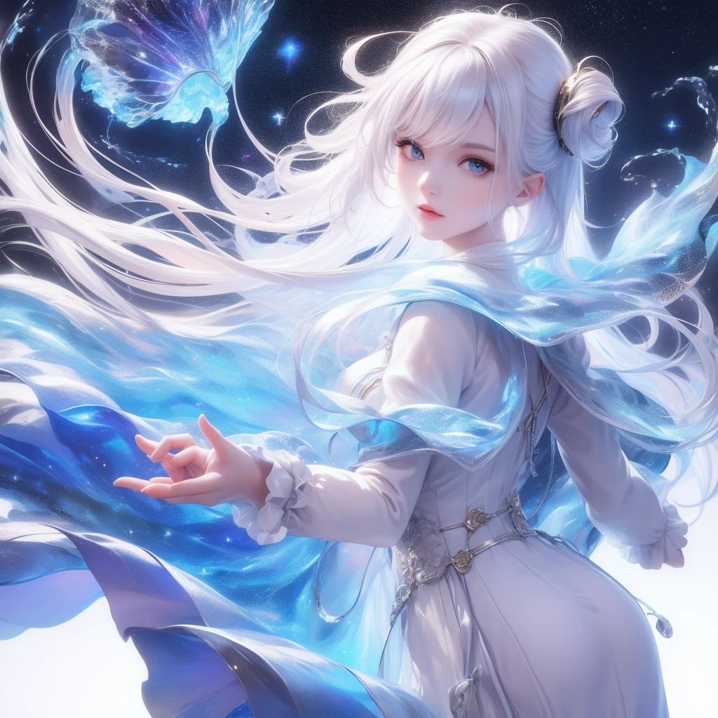 ((masterpiece)), (((best quality))), ((Super detailed)), ((illustration)),[Realistic lighting effects],shadow,(Fantasy style),(White background:1.6), Simple background, (earth theme),(A cape)[(hair focus,((1 Girl)),[(Big slime hair): (Cloud):0.3], (hair on background),(High Saturation),(The hair is surrounded by galactic splashes),)):((Her hair turned into a galactic cloud,:1.27628), (Hair and clothes are galactic clouds and star clusters:1.1025),(A cape is becoming galaxy clouds)