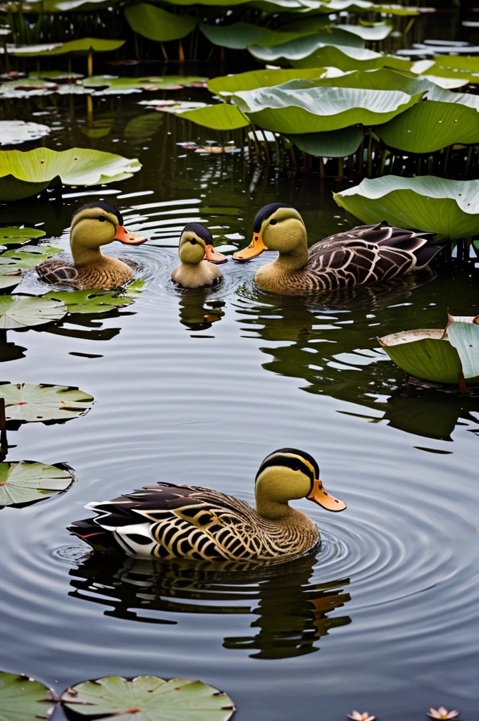 A duck and her 2 children swim in a pond.can also be seen In the pond some lotus trees That are thriving