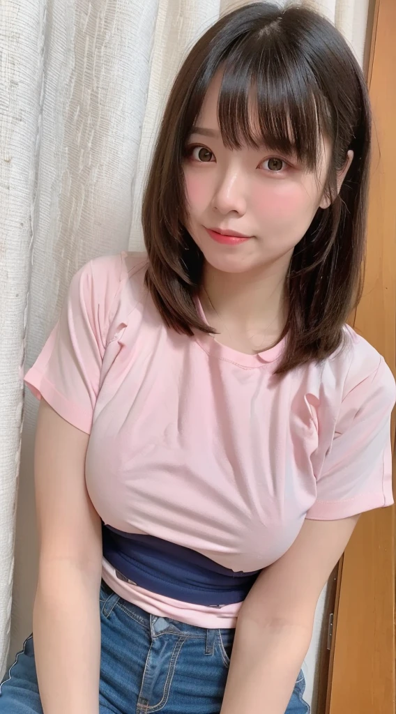1 female、 Highest quality、 Ultra-high resolution、 (Realistic:1.4)、 blush、 cute、(Detailed face)、 Laughter、Looking into the camera、In town、Tight short-sleeved shirt、Tight pants、Huge breasts、 Accentuate your breasts、Large Breasts、Bobcut、 Straight Hair、Mole in the eye、 Full body portrait、Married women