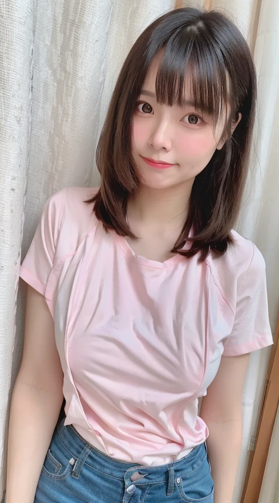 1 female、 Highest quality、 Ultra-high resolution、 (Realistic:1.4)、 blush、 cute、(Detailed face)、 Laughter、Looking into the camera、In town、Tight short-sleeved shirt、Tight pants、Huge breasts、 Accentuate your breasts、Large Breasts、Bobcut、 Straight Hair、Mole in the eye、 Full body portrait、Married women