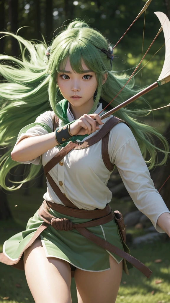 realisitic, 4K, High definition, Fuu is an exemplary student, with green hair that resembles tree leaves. Your brown eyes are always curious and observant. As the Wind Magic Warrior, your green armor is light and aerodynamic. She wields a bow with precision, shooting arrows that cut through the air like gusts of wind.