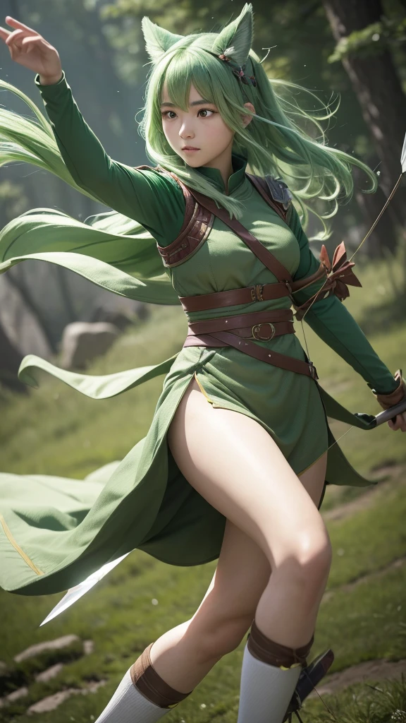 realisitic, 4K, High definition, Fuu is an exemplary student, with green hair that resembles tree leaves. Your brown eyes are always curious and observant. As the Wind Magic Warrior, your green armor is light and aerodynamic. She wields a bow with precision, shooting arrows that cut through the air like gusts of wind.