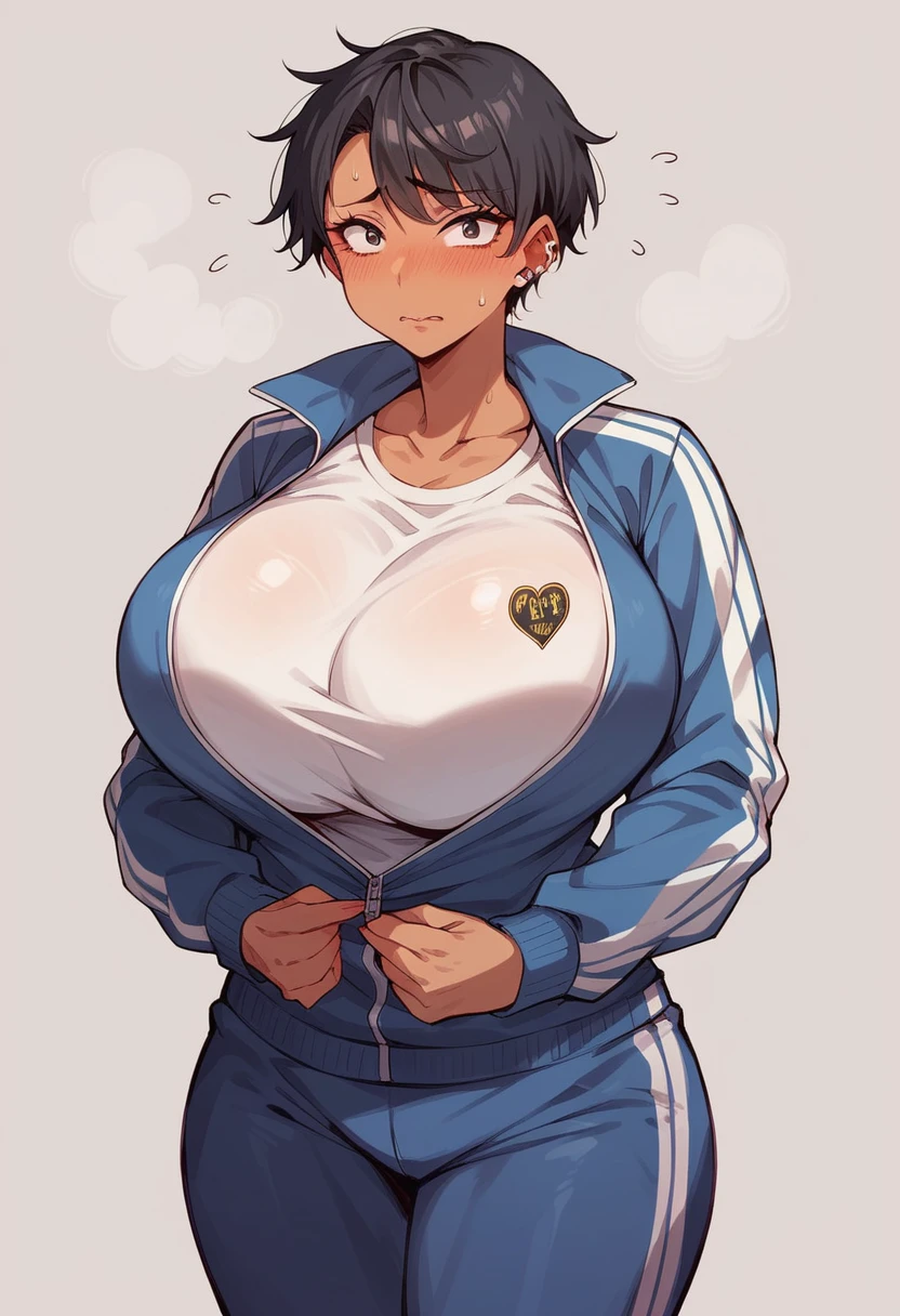 ((sexy girl ,gyaru))nsfw,glamorous, black hair,glamorous, voluptuous, curvy, embarrassed, flush ed, tracksuit,huge breast,slouch