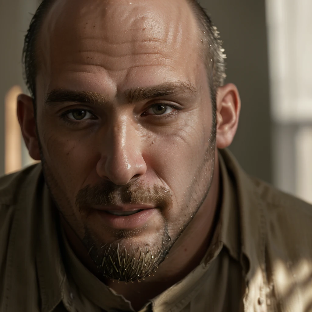 (masterpiece, photorealistic, raw,:1.4), (extremely intricate:1.2), close up, cinematic light, sidelighting, ultra high res, best shadow, RAW, upper body, 35 year old man, bald, beard, wearing collared shirt,