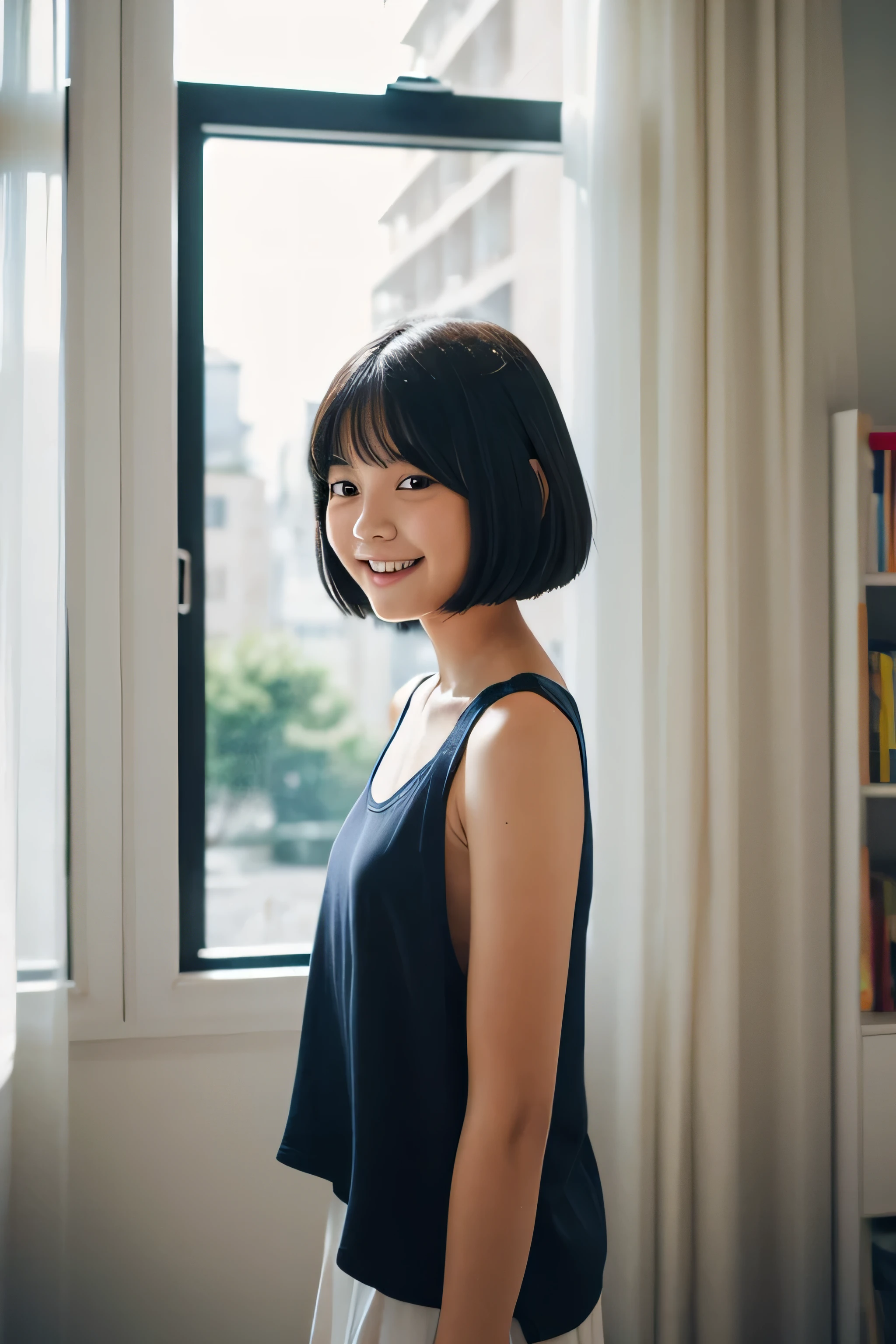 One girl,summer,Inside the room,Bed,Standing,Black Hair,Short Bob,Put your hair on your ears,Navy blue tank top,laugh,Show your face in a large size,,Refined,Pure school,front,Small bulging lines on the chest,Look here,transparent, Soft Light,(masterpiece, Highest quality), Structure of the film, Like a movie