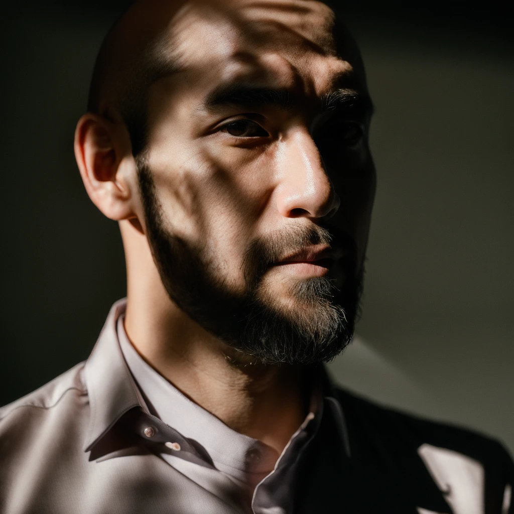 (masterpiece, photorealistic, raw,:1.4), (extremely intricate:1.2), close up, cinematic light, sidelighting, ultra high res, best shadow, RAW, upper body, 35 year old man, bald, beard, wearing collared shirt,