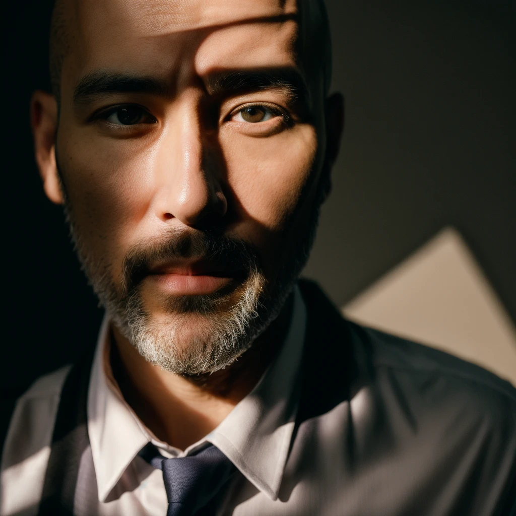 (masterpiece, photorealistic, raw,:1.4), (extremely intricate:1.2), close up, cinematic light, sidelighting, ultra high res, best shadow, RAW, upper body, 35 year old man, bald, beard, wearing collared shirt,