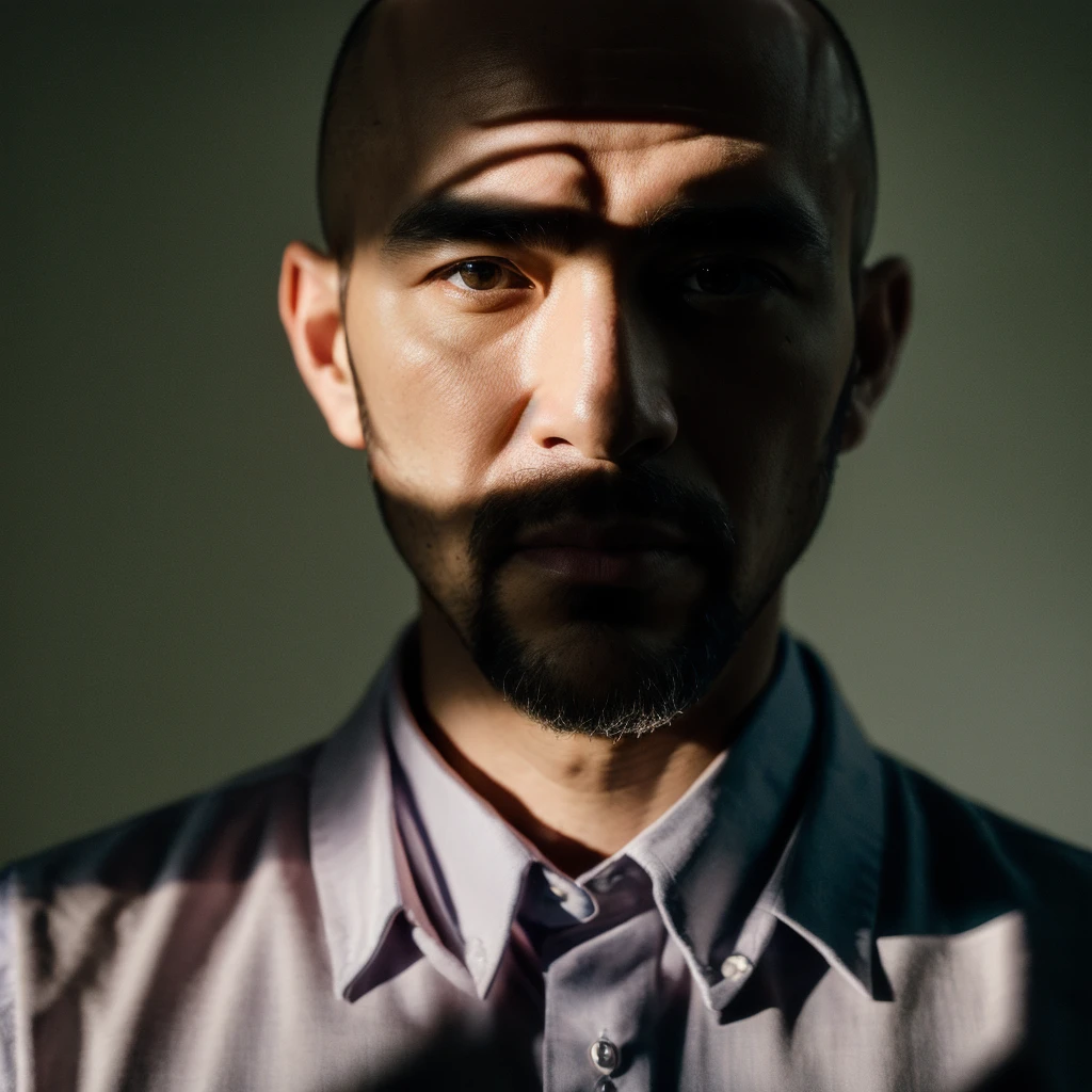 (masterpiece, photorealistic, raw,:1.4), (extremely intricate:1.2), close up, cinematic light, sidelighting, ultra high res, best shadow, RAW, upper body, 35 year old man, bald, beard, wearing collared shirt,