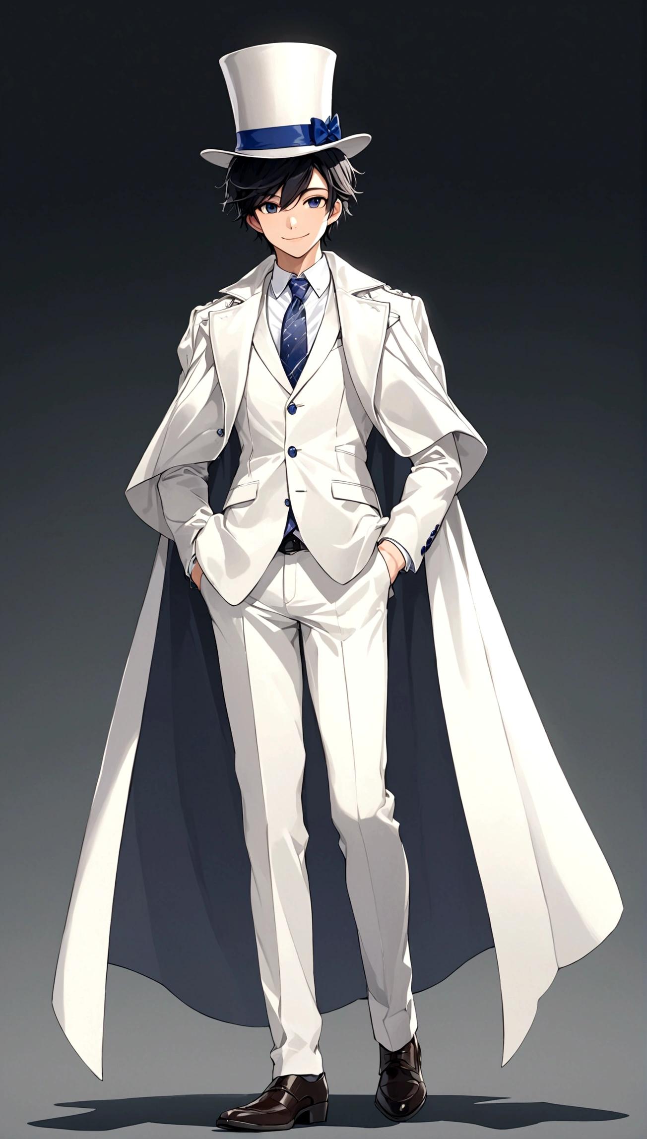 solo, smile, black hair, 1boy, hat, full body, male focus, necktie, cape, formal, suit, top hat, hands in pockets, white suit