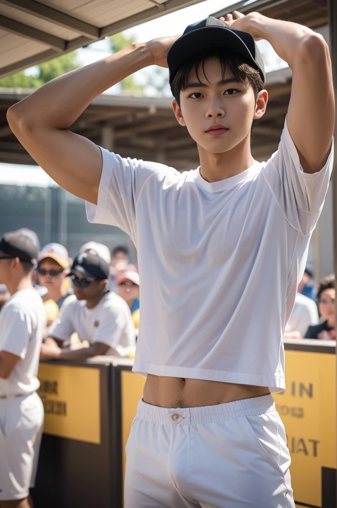 1  boy,High definition face details, Korean young bkinny lean body in mid-action, naked body, shirtless, transparent light brown bikini underwear, playing badminton on a vibrant outdoor court,he wears a colorful cap tilted playfully, Surrounding him are bursts of lush greenery and uniform cheering people, evoking a sense of summer vitality and youthful exuberance.