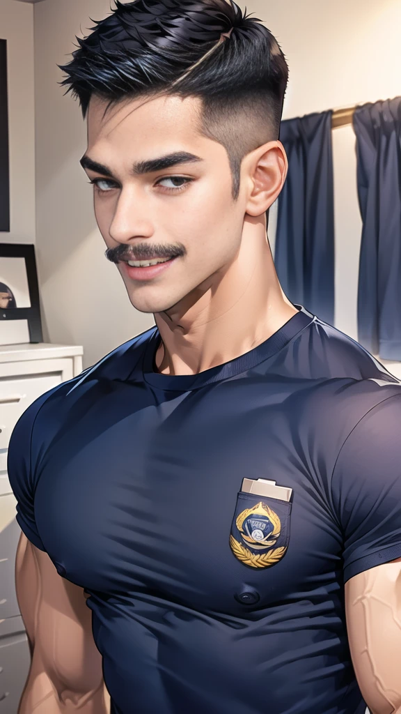 (handsome Man),(Thin mustache:1.1),(crew cut short hair:1.5),black eye,
(navy blue tight-fitting round neck short sleeve T-shirt:1.3),(Police badge:1.3),navy blue cargo pants,(navy_gloves:1,3),
Korean guy,chest muscles,large arm muscles,blood vessel,Big muscles,Broad shoulders,(open mouth:1.2),(face up:1.2),(open eyes:1.5),middle of the road,smile,(bedroom:1.4)