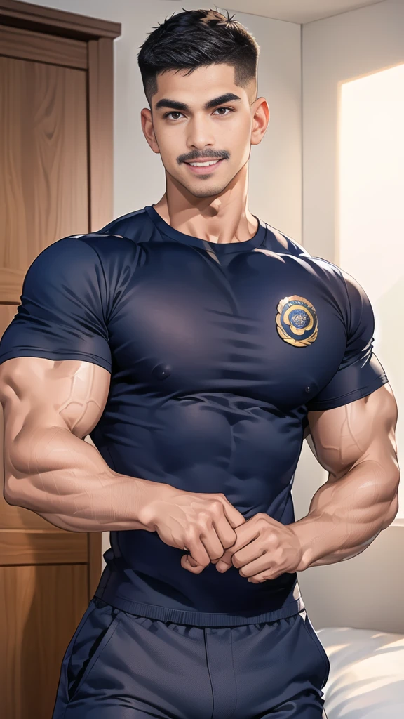 (handsome Man),(Thin mustache:1.1),(crew cut short hair:1.5),black eye,
(navy blue tight-fitting round neck short sleeve T-shirt:1.3),(Police badge:1.3),navy blue cargo pants,(navy_gloves:1,3),
Korean guy,chest muscles,large arm muscles,blood vessel,Big muscles,Broad shoulders,(open mouth:1.2),(face up:1.2),(open eyes:1.5),middle of the road,smile,(bedroom:1.4)
