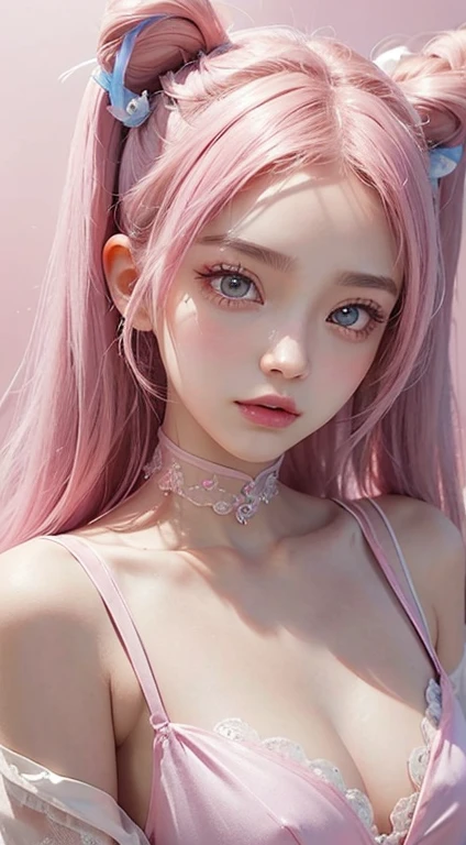 One girl,（Captivating quality：1.4），（Highest quality authentic textured skins), Delicate face,Pink twin tail hair, Perfect body：1.1），Heart-shaped choker、Long eyelashes,Clear eyes,Hyper Photorealism, Hyper HD, Tabletop，Keep dreaming，Please wear transparent silk pajamas,Fantasy Space，Pink Background,front