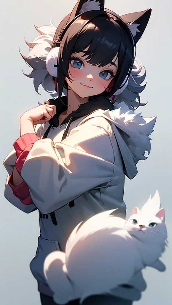 Cute cat with fluffy fur wearing one hoodie and headphones, The background is modern and inorganic, Adorable digital painting, 3D Rendering, Bright lighting, Vibrant colors,