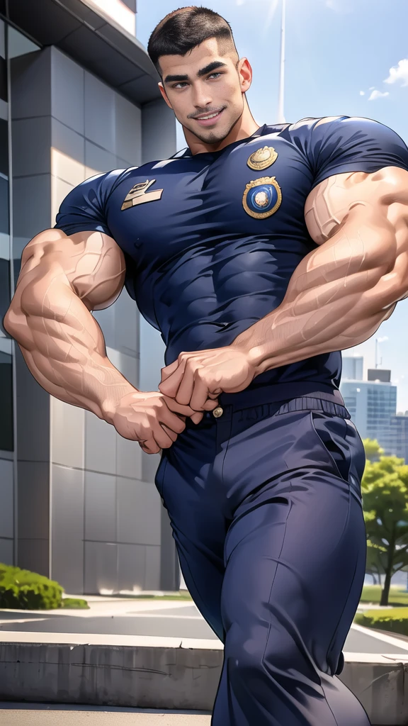 (handsome Man),(Thin mustache:1.1),(crew cut short hair:1.5),black eye, (navy blue tight-fitting round neck short sleeve T-shirt:1.3),(Police badge:1.3),navy blue cargo pants,(navy_gloves:1,3), Korean guy,chest muscles,large arm muscles,blood vessel,Big muscles,Broad shoulders,(open mouth:1.2),(face up:1.2),(open eyes:1.5),middle of the road,smile,(City town:1.4)