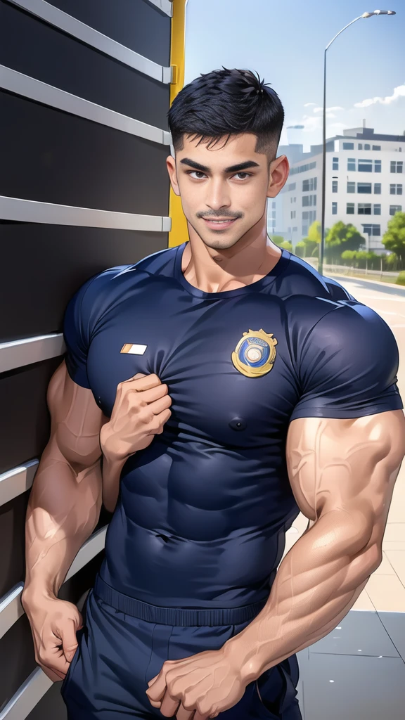 (handsome Man),(Thin mustache:1.1),(crew cut short hair:1.5),black eye, (navy blue tight-fitting round neck short sleeve T-shirt:1.3),(Police badge:1.3),navy blue cargo pants,(navy_gloves:1,3), Korean guy,chest muscles,large arm muscles,blood vessel,Big muscles,Broad shoulders,(open mouth:1.2),(face up:1.2),(open eyes:1.5),middle of the road,smile,(City town:1.4)
