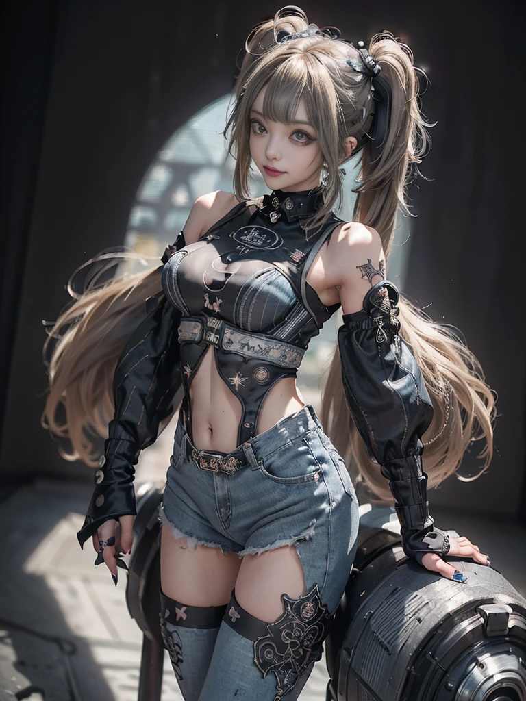 (Full Body View:1.2)、(Side view:1.3)、(Smiling with teeth showing:1.3),(Shibuya Gal:1.5)、(Gothic Lolita style fashion:1.5)、(Punk RockVisual Kei:1.5)、(Wearing a rhythmic gymnastics bodysuit with intricate details:1.4)、(Racing suit and pants with delicate decorations in white, denim and charcoal:1.5)、(Denim and light blue and white boots:1.3)、((belt))、(Numerous delicate logo marks all over the costume:1.4)、(collar:1.3)、(Striped underwear:1.5)、20-year-old、NSFW、((Highest quality、In 8K、masterpiece:1.3))、Sharp focus:1.2、(Layered Cut、Huge boobs:1.1),Beautiful woman with perfect figure:1.4、(Doing an aerobics pose:1.3)、Slender Abs:1.2、Highly detailed face and skin texture、Detailed eyes、double eyelid,(Twin tails:1.3)、(Brown-golden hair:1.3)、Gravure idol、(The background is a beautiful crystal underground palace:1.3)、(Slim Body:1.3),(Make your legs thinner:1.4),(Thin thighs:1.1)、(clavicle:1.1)