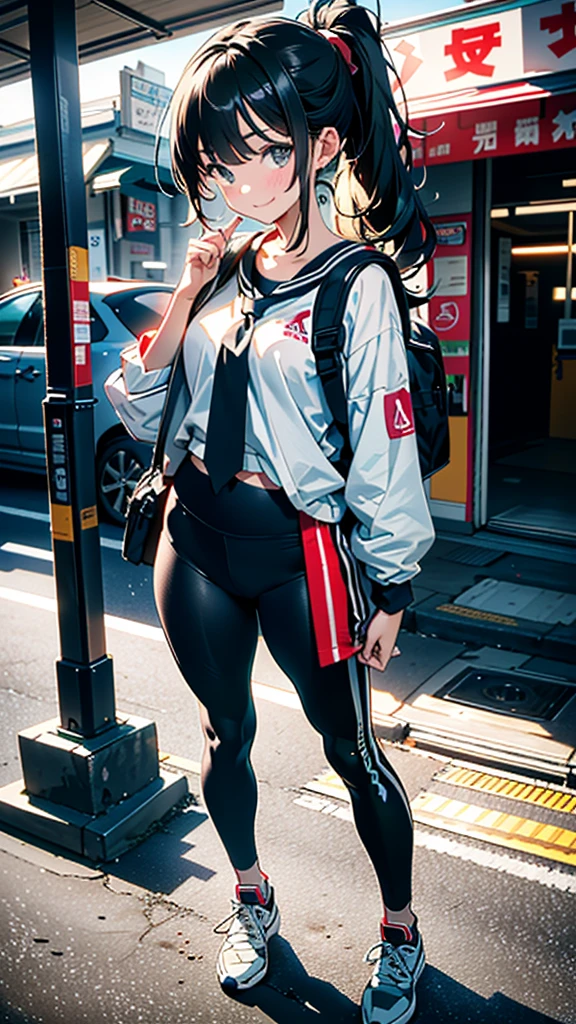 (8K, RAW Photos, 最high quality, masterpiece:1.2), high qualityのRAWカラー写真, Professional photo shoot, Cinematic Light, alone, (((young woman, Gal))), (Sharp features), (Small face), (Skin with attention to detail:1.2), clavicle, Cute face, Beautiful appearance, Long eyelashes,Girl Turning Around, smile, (Black Hair, Long straight line), Training wear, Training pants, sneakers, Backpack, Night Park, Confident attitude, Capture the happy moment, Artistic painting,Attractive thighs, (A very fine touch:1.2), (はにかんだsmile), Peaceful atmosphere, Oil painting style, Bright colors, (Are standing:1.5, Inside a convenience store, Full body portrait), Smooth texture, Gazing Eyes, Beautiful Skin, Shiny skin, ((Perfect Fingers, Five Fingers, Anatomically correct)), Background Blur, high quality, Surreal, ((Very detailed, photo shoot)),A large number of people、blush、plump、Black Hair、Tie-up hair、ponytail