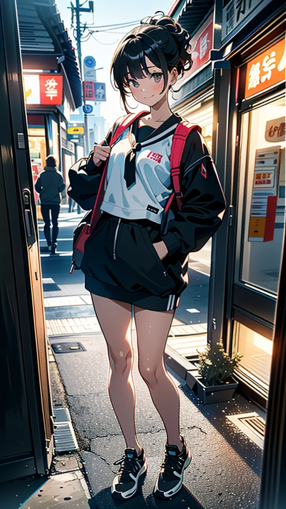 (8K, RAW Photos, 最high quality, masterpiece:1.2), high qualityのRAWカラー写真, Professional photo shoot, Cinematic Light, alone, (((young woman, Gal))), (Sharp features), (Small face), (Skin with attention to detail:1.2), clavicle, Cute face, Beautiful appearance, Long eyelashes,Girl Turning Around, smile, (Black Hair, Long straight line), Training wear, Training pants, sneakers, Backpack, Night Park, Confident attitude, Capture the happy moment, Artistic painting,Attractive thighs, (A very fine touch:1.2), (はにかんだsmile), Peaceful atmosphere, Oil painting style, Bright colors, (Are standing:1.5, Inside a convenience store, Full body portrait), Smooth texture, Gazing Eyes, Beautiful Skin, Shiny skin, ((Perfect Fingers, Five Fingers, Anatomically correct)), Background Blur, high quality, Surreal, ((Very detailed, photo shoot)),A large number of people、blush、plump、Black Hair、Tie-up hair、ponytail