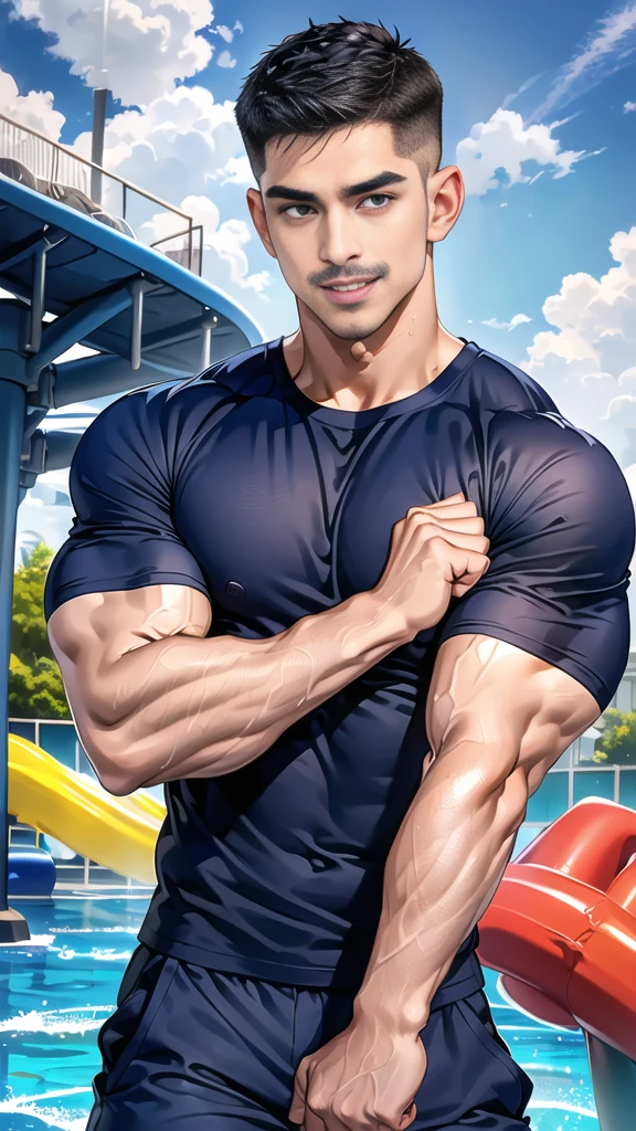 (handsome Man),(Thin mustache:1.1),(crew cut short hair:1.5),black eye,
(navy blue tight-fitting round neck short sleeve T-shirt:1.3),(Police badge:1.3),navy blue cargo pants,(navy_gloves:1,3),
Korean guy,chest muscles,large arm muscles,blood vessel,Big muscles,Broad shoulders,(open mouth:1.2),(face up:1.2),(open eyes:1.5),middle of the road,smile,(water park:1.4),