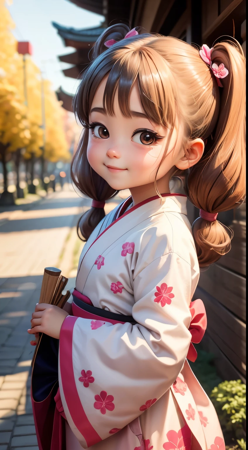 Create a loli baby chibi version of the Alice character in an 8K resolution. A girl in twin tails wearing a bamboo-patterned kimono, playing the shamisen and wearing a ribbon hair accessory in the shade of a cherry tree in Ueno Park, Tokyo, It's sunny, Detailed eyes, clear outlines, kawaii pose, A smile, Raise your right hand, Eye Up, Laugh, radiant light, Taken from the side. She should look adorable and cute. Give him a smiling expression and a sweet smile on his face, capturing the essence of the character in a delicate and charming way.