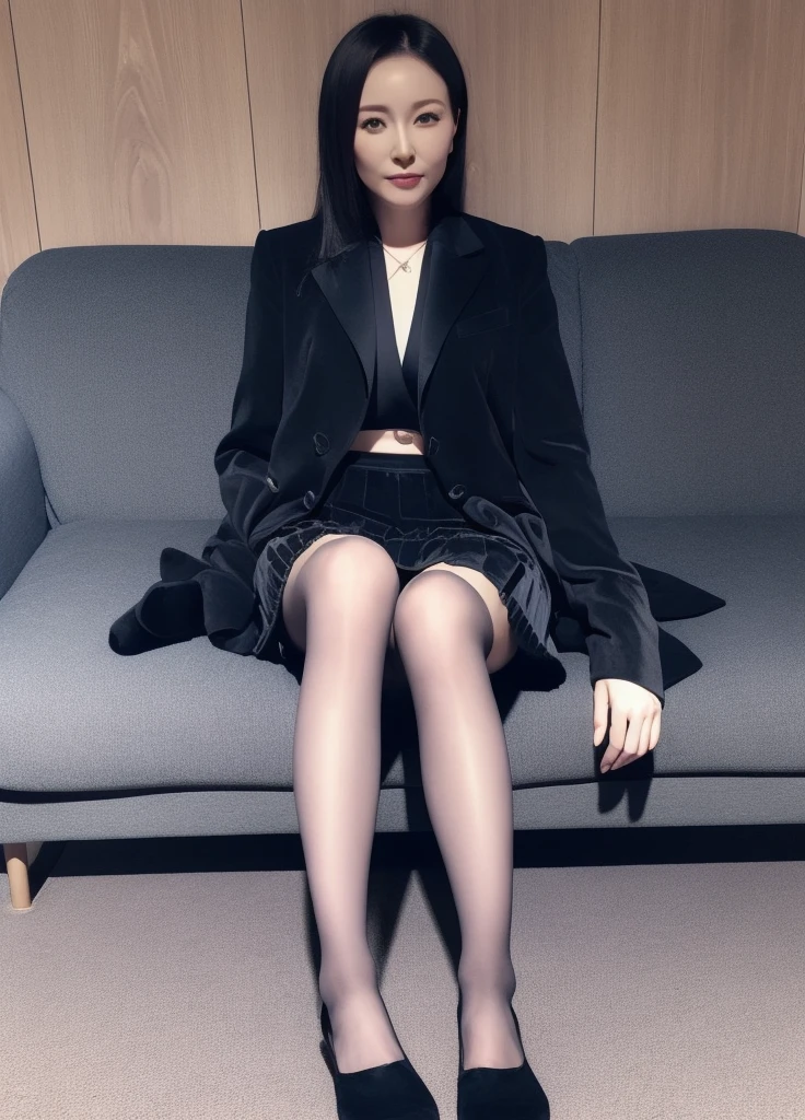 woman sitting on a blue couch wearing a Black suit and black shoes, woman in Black business suit, Wearing a black aristocratic suit, Black business suit, wearing Black business suit, Dark colored suit, Girl in suit, Black suit, Girl in suit, Elegant suits, Woman in a business suit, wearing a Black suit, wearing Black suit, Woman in black robe、(Skirts of length above the knee:1.5)、Black Stockings