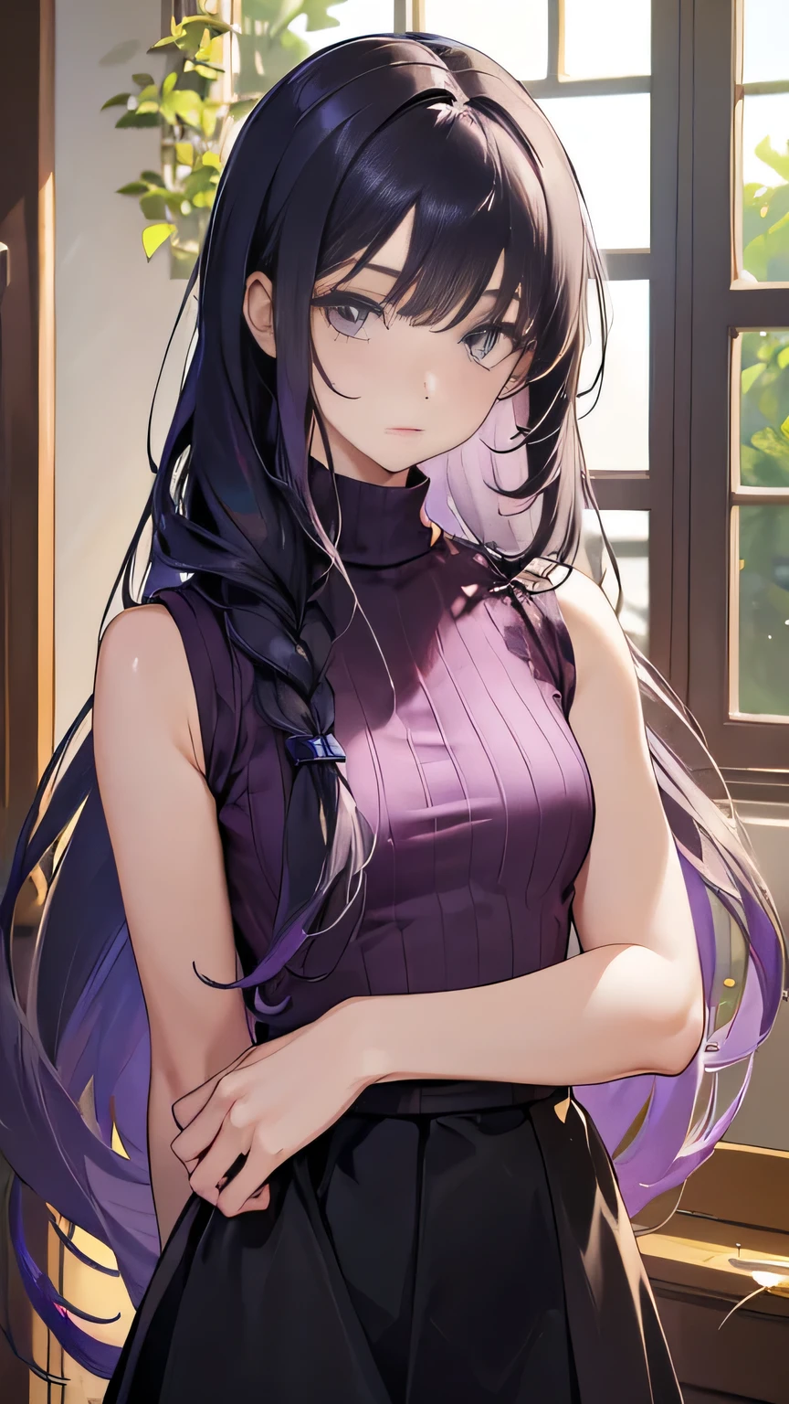 ((masterpiece)), accurate, high details, (detailed eyes), best quality, highres, super detail, Turtleneck sweater, sleeveless, flare skirt, (lavender colored clothing), black hair, long hair, straight hair, mole under eye, Inside the room, afternoon sun