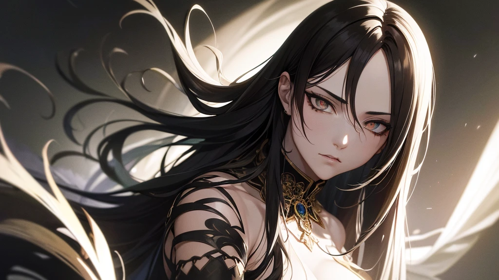 a detailed anime style character, dramatic lighting, sharp shadows, mysterious, moody atmosphere, highly detailed face and features, piercing eyes, expressive expression, flowing hair, intricate clothing, ornate accessories, dramatic pose, cinematic lighting, dark color palette, chiaroscuro lighting, dramatic shadows, deep blacks, detailed textures, photorealistic, masterpiece, high resolution, 8k, best quality