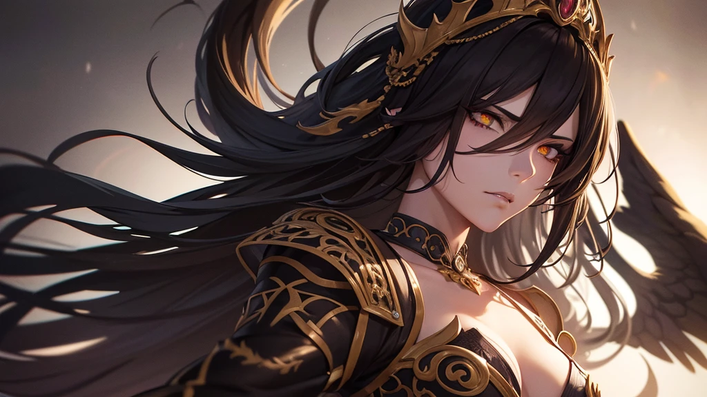 a detailed anime style character, dramatic lighting, sharp shadows, mysterious, moody atmosphere, highly detailed face and features, piercing eyes, expressive expression, flowing hair, intricate clothing, ornate accessories, dramatic pose, cinematic lighting, dark color palette, chiaroscuro lighting, dramatic shadows, deep blacks, detailed textures, photorealistic, masterpiece, high resolution, 8k, best quality